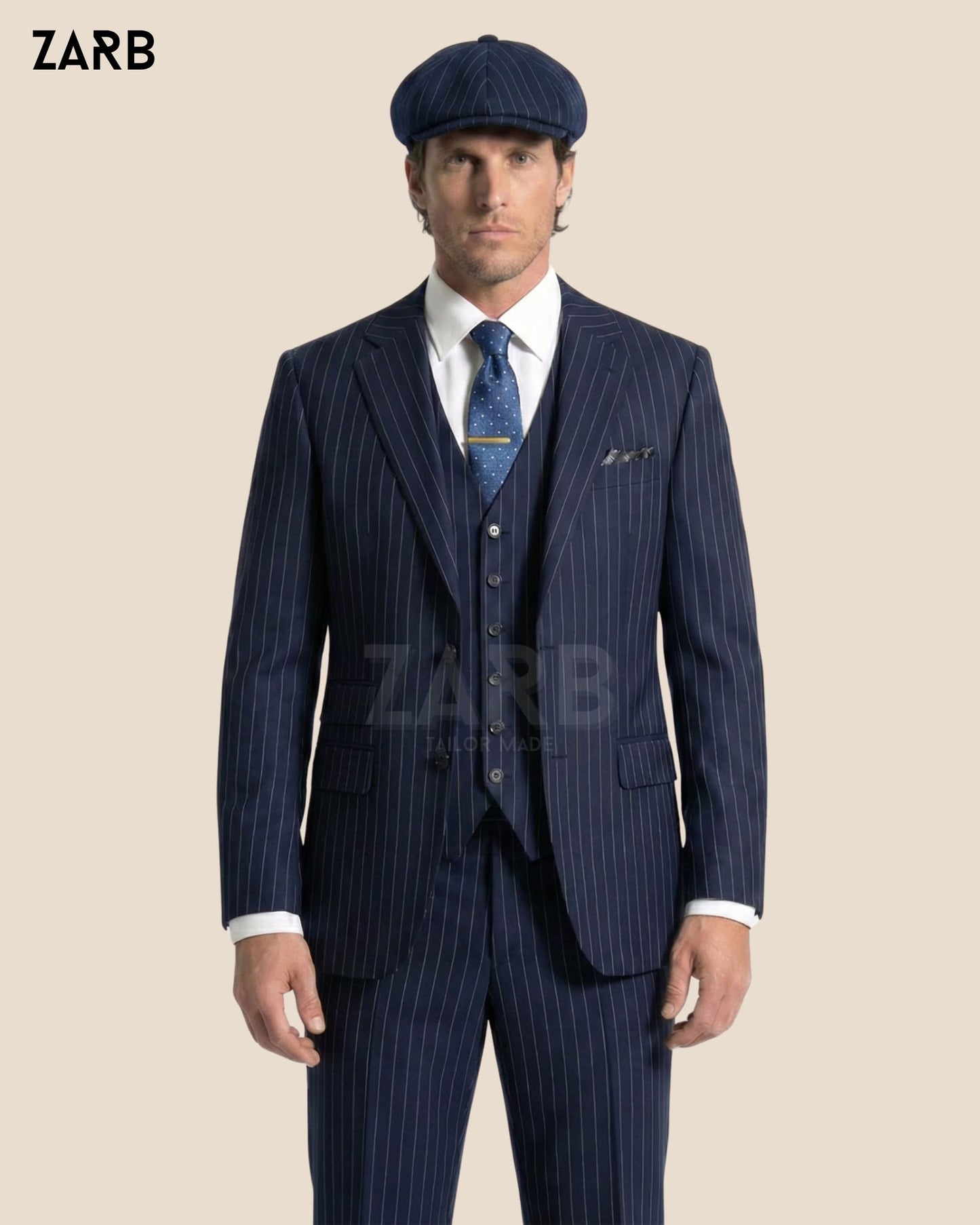 Blue pinstripe 3 piece Peaky Blinders suit for men vintage gangster style