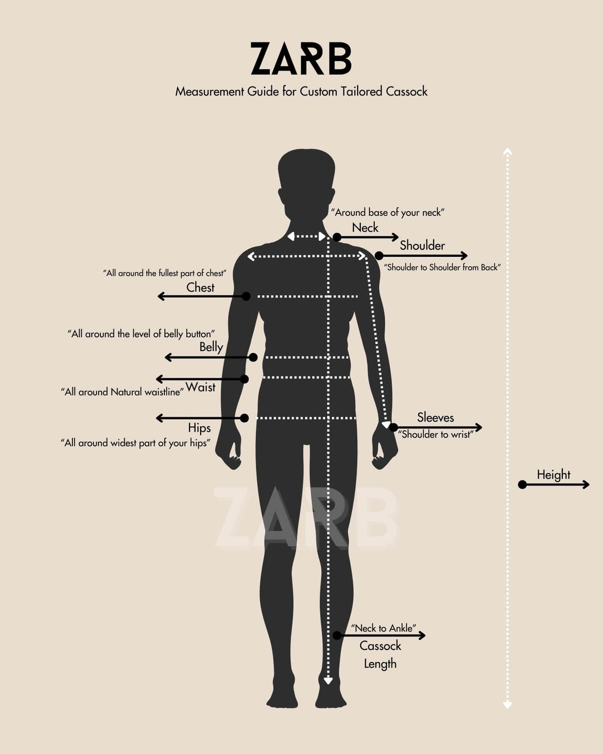 Body measurement guide for Custom Tailored Cassock | Bespoke Tailored Cassock ZARB Officials