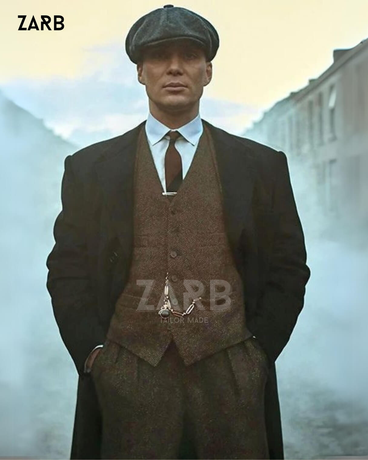Brown Tweed 3 Piece Peaky Blinders Suit with Coat and Cap