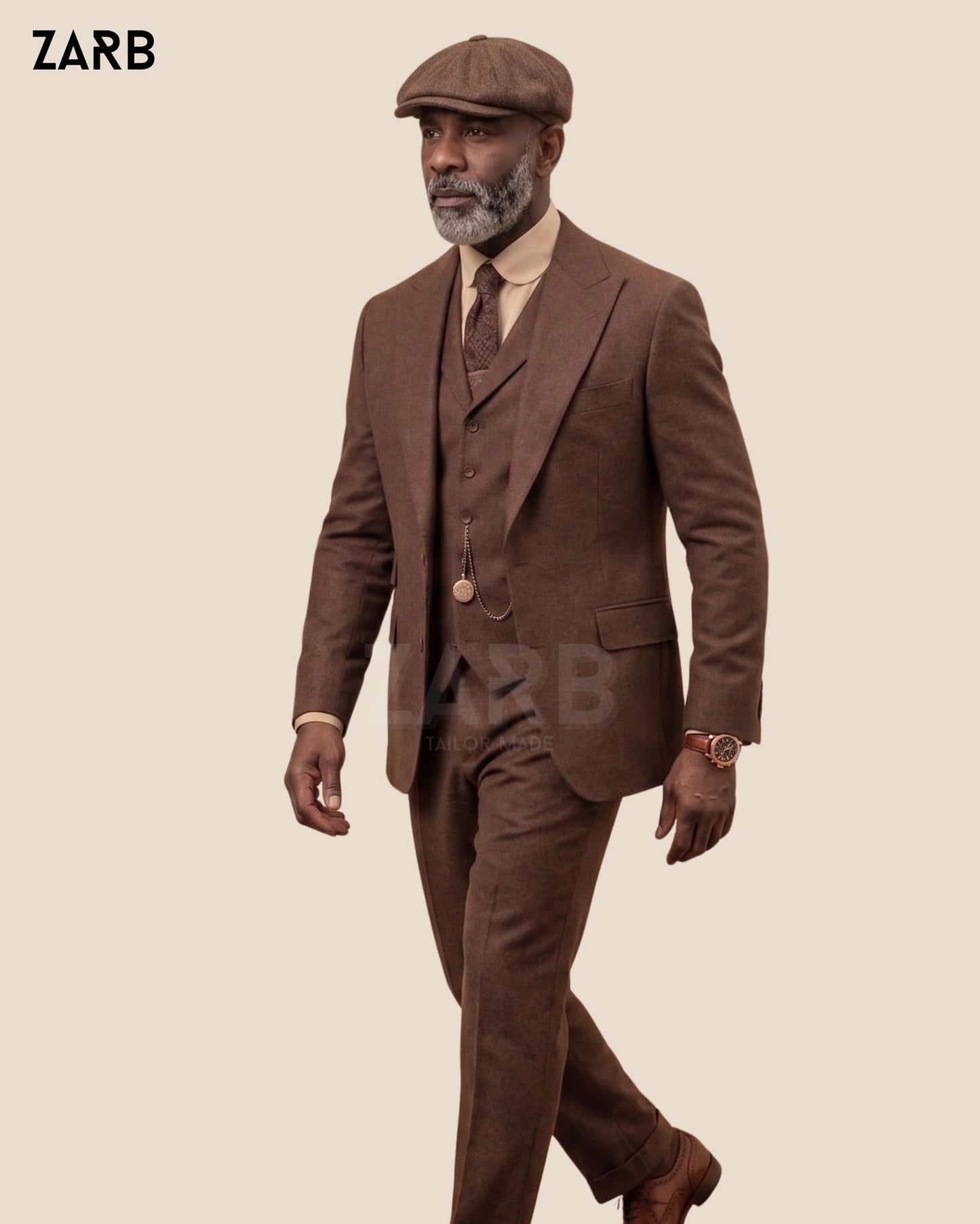 Brown tweed Peaky Blinders style suit with matching flat cap for men