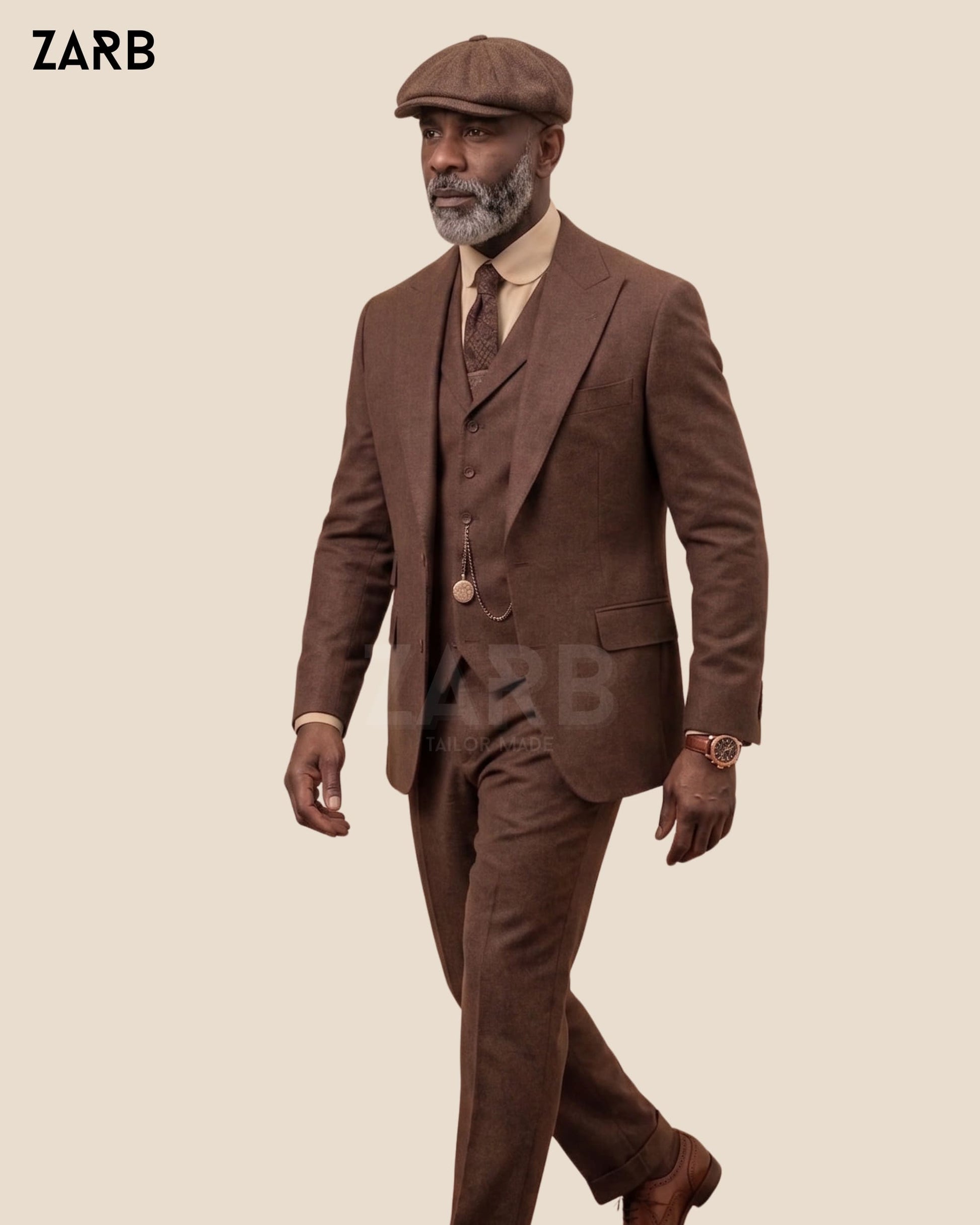 Brown tweed Peaky Blinders style suit with matching flat cap for men