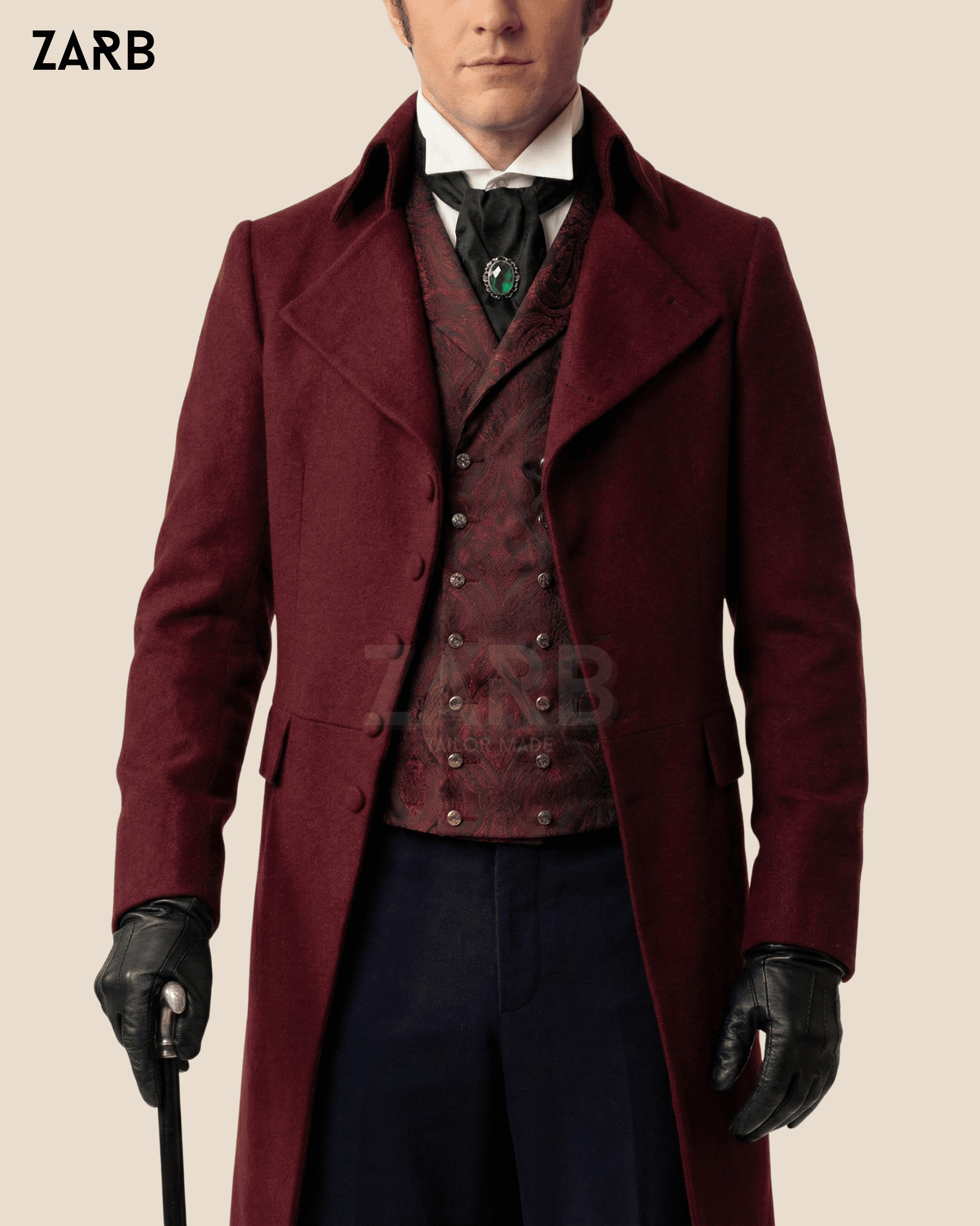 Burgundy Regency style tailcoat men Bridgerton inspired long coat