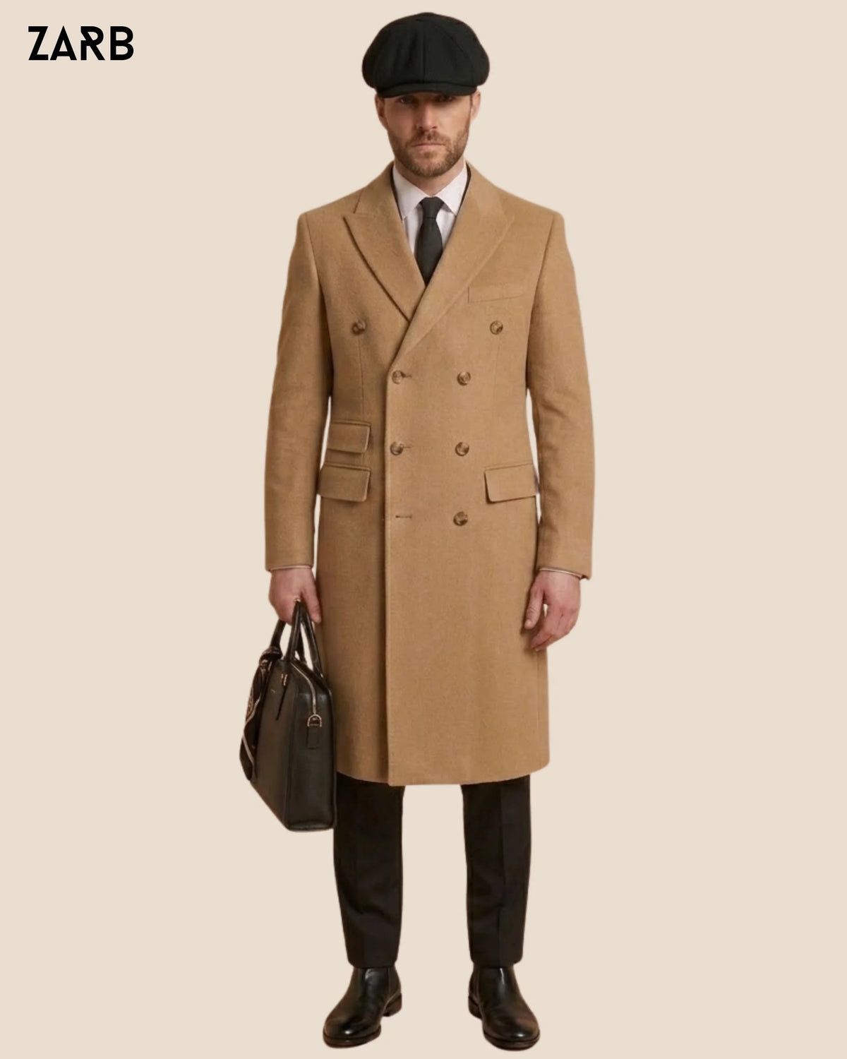 Camel brown wool long overcoat for men with six button double breasted front and peak lapels