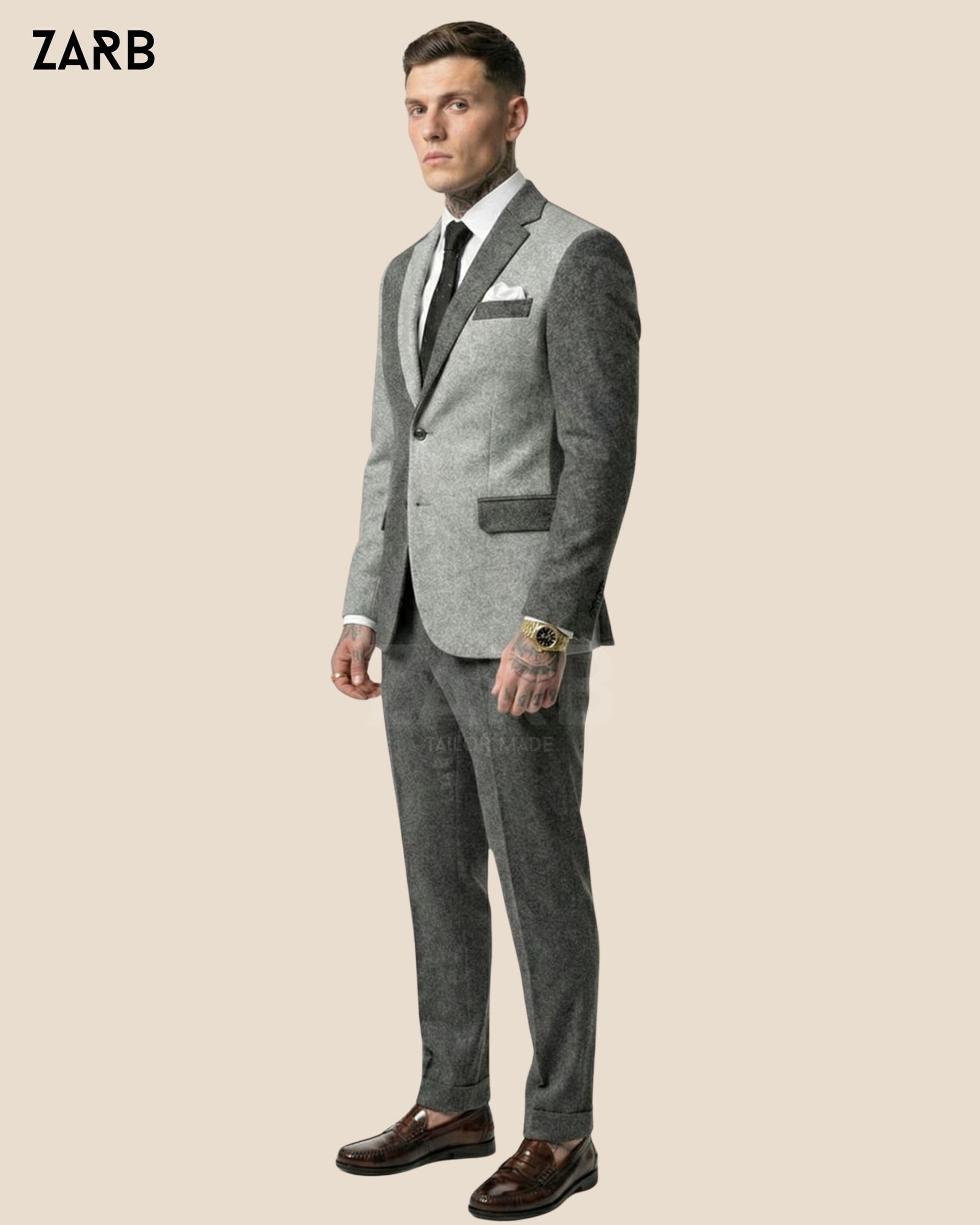 Classic 1920s inspired vintage gentleman suit in two-tone grey tweed — perfect for weddings and formal occasions