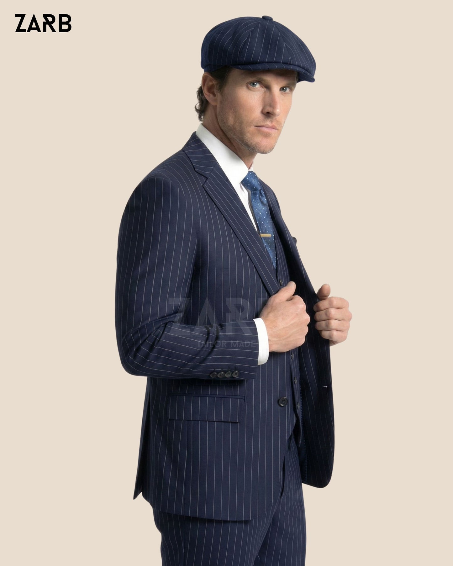 Classic 1920s navy blue pinstripe suit with waistcoat Peaky Blinders fashion