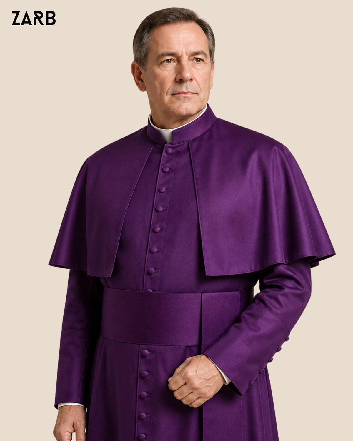 Close-up of Roman purple silk cassock collar, covered buttons and pellegrina