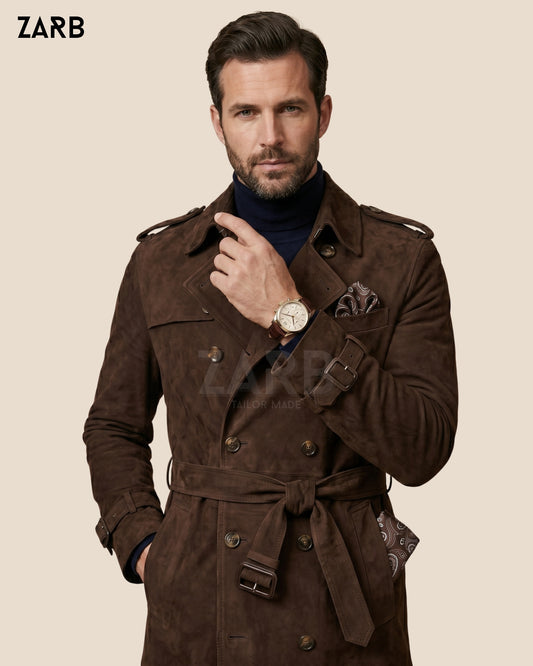 Dark brown leather long coat for men with epaulettes and tailored trench style