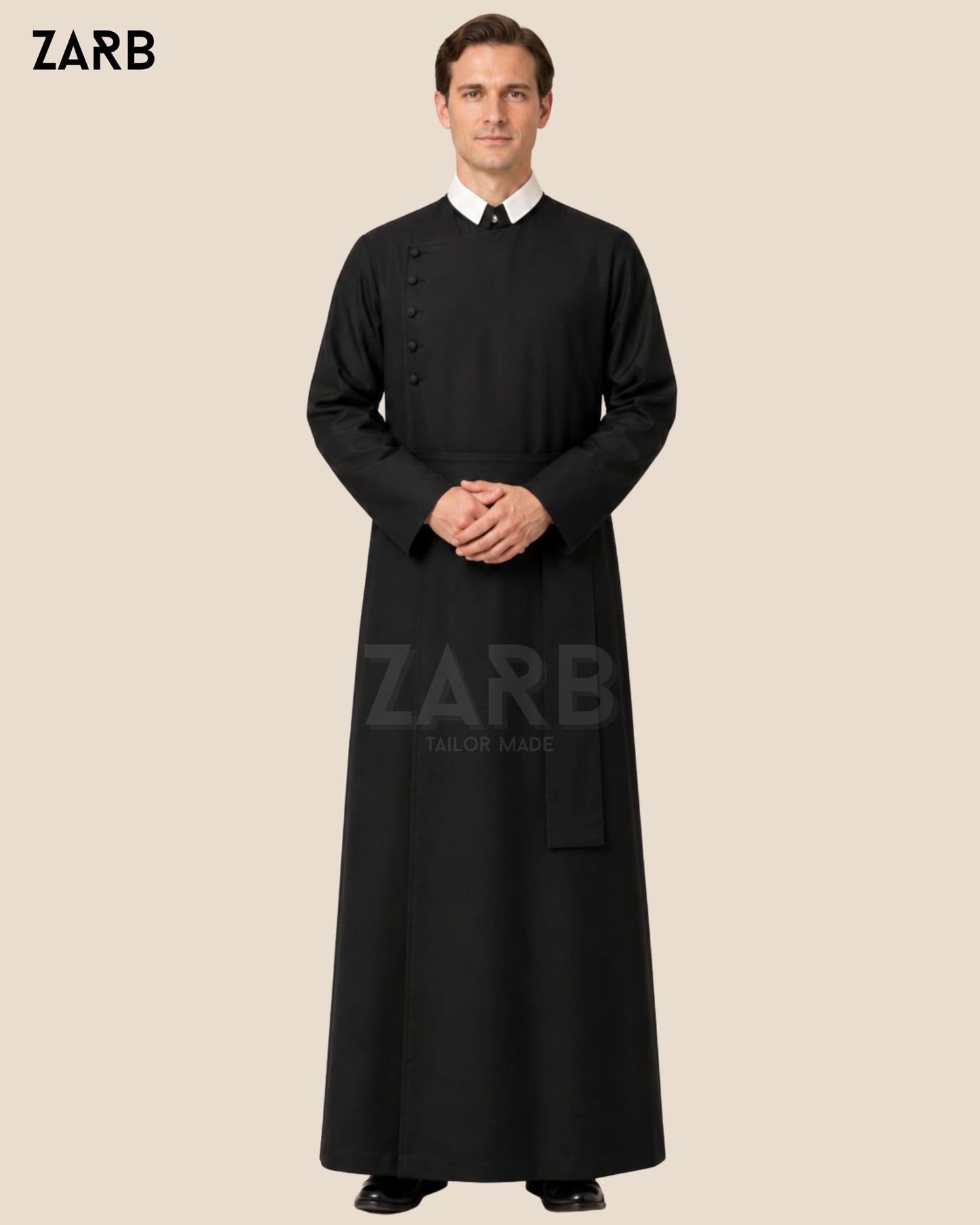 Detachable White Oratorian Collar and Double Sleeve Cuff on Black Custom Oratorian Cassock — ZARB Officials