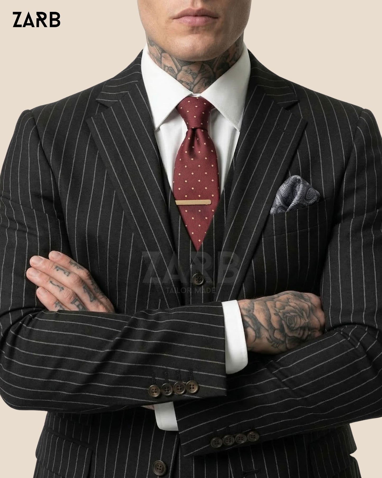 Elegant black pinstripe wedding suit with waistcoat