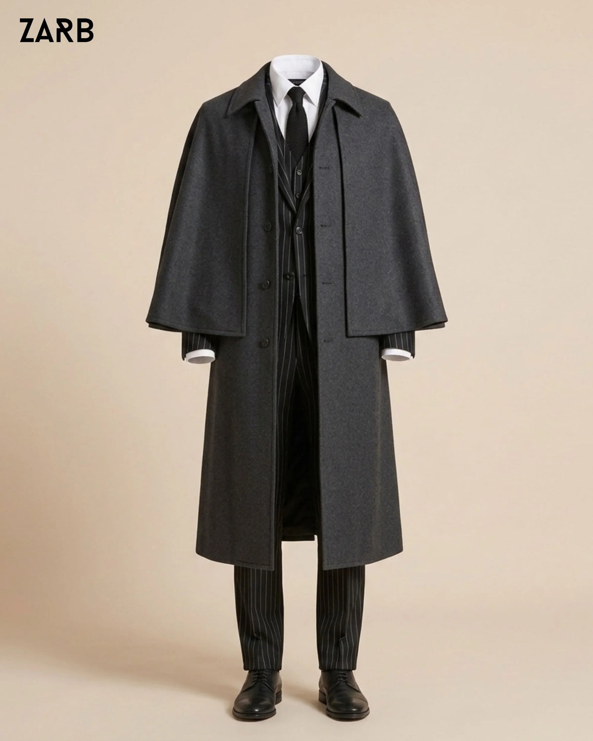 Front detail of men's charcoal grey Victorian detective cape overcoat on male mannequin