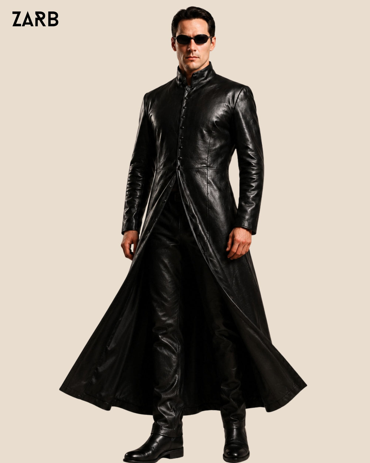 Front view men's Neo Matrix leather coat with high stand collar and button closure