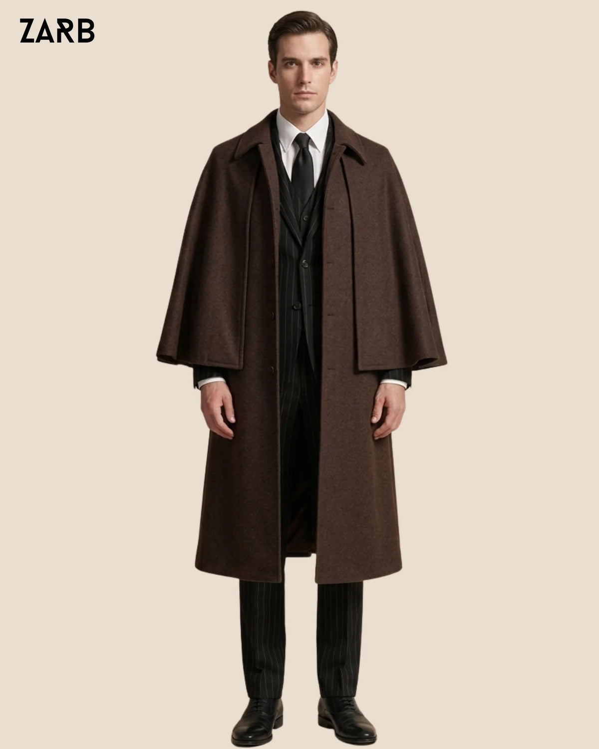 Front view of dark brown Inverness cape coat for men with traditional sleeveless construction