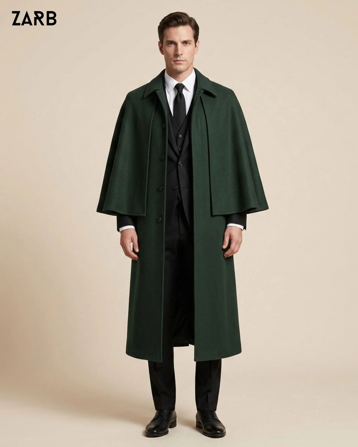 Front view of dark green sleeveless Inverness cape coat for men