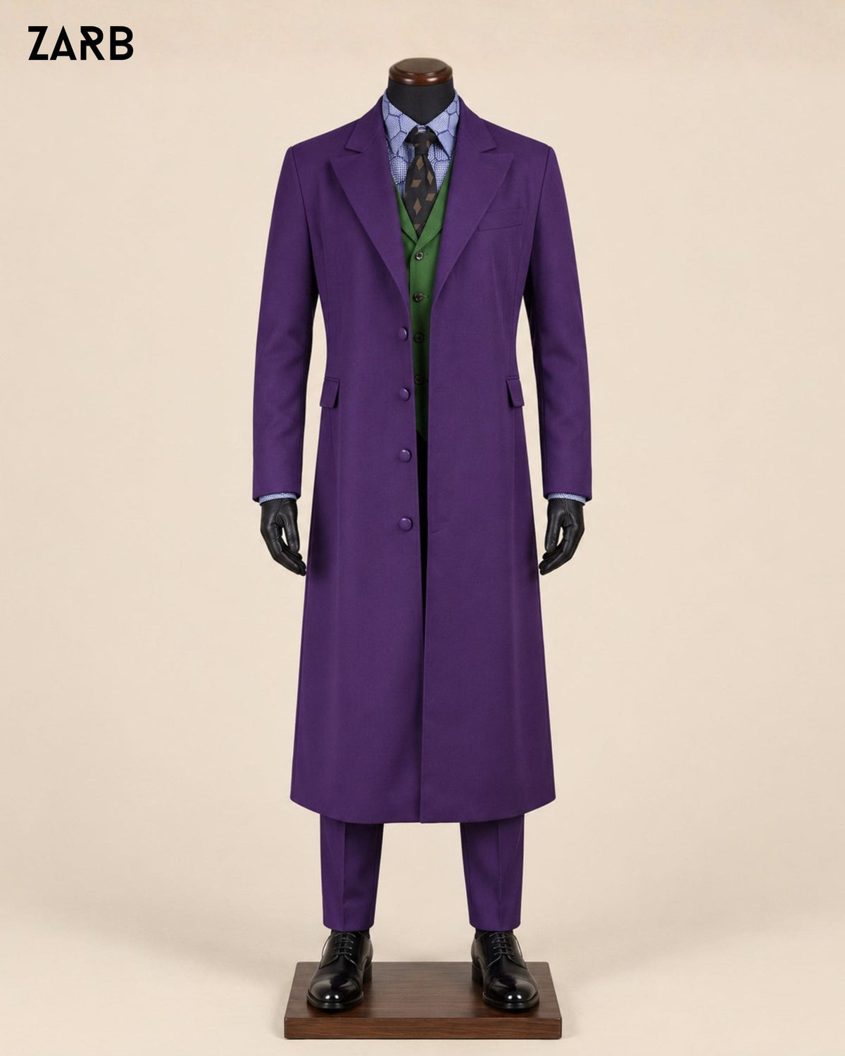 Front view of men's Joker purple long coat with green waistcoat and purple TR trousers