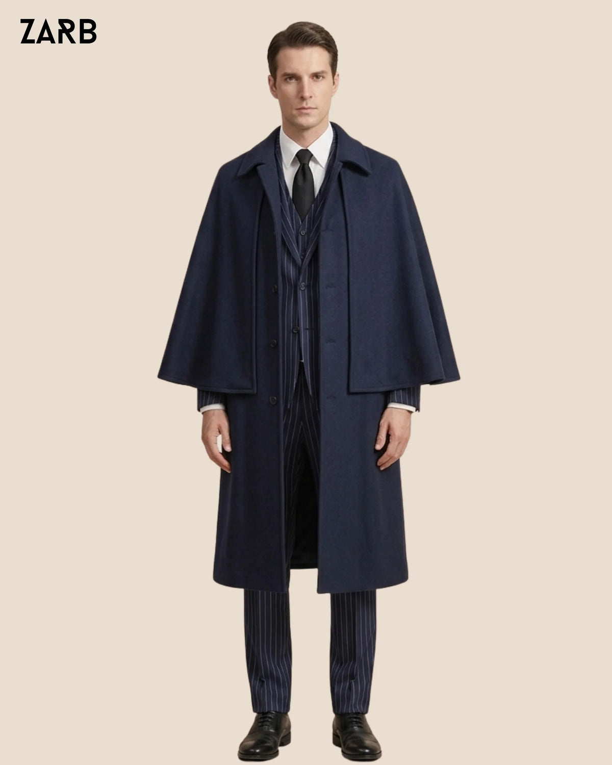 Front view of navy blue Inverness cape coat for men with traditional sleeveless construction