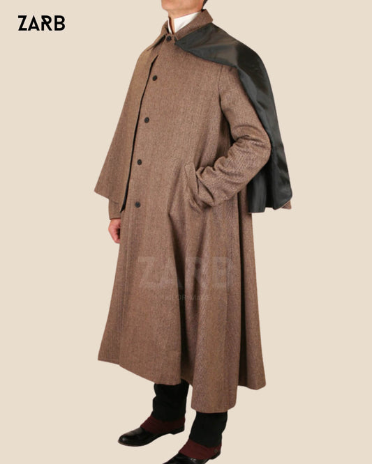 Full-Length Brown Wool Victorian Cape Coat with Overcape
