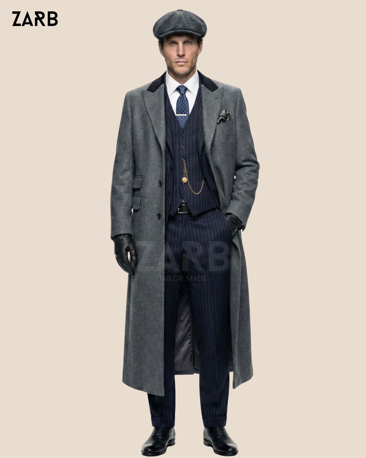 Gray tweed long coat in Peaky Blinders style with vintage outfit
