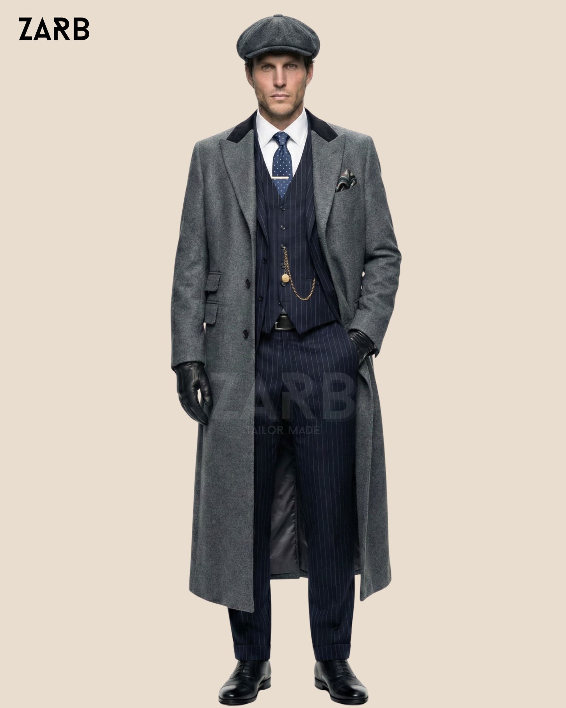 Gray tweed long coat in Peaky Blinders style with vintage outfit