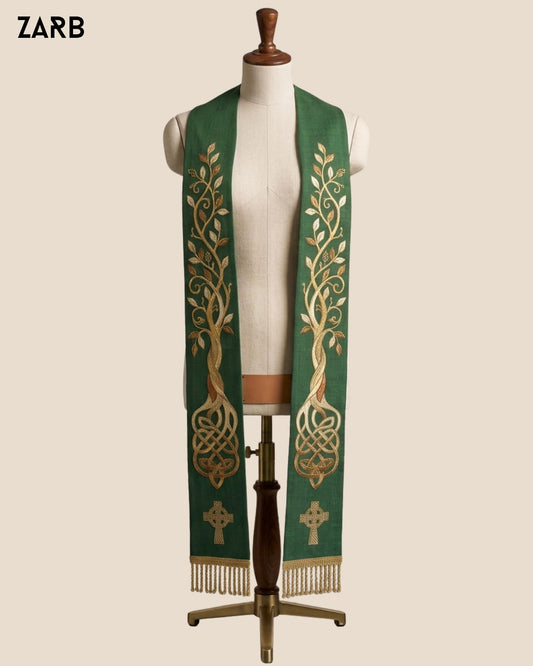 Green Celtic clergy stole with gold Tree of Life embroidery for Ordinary Time
