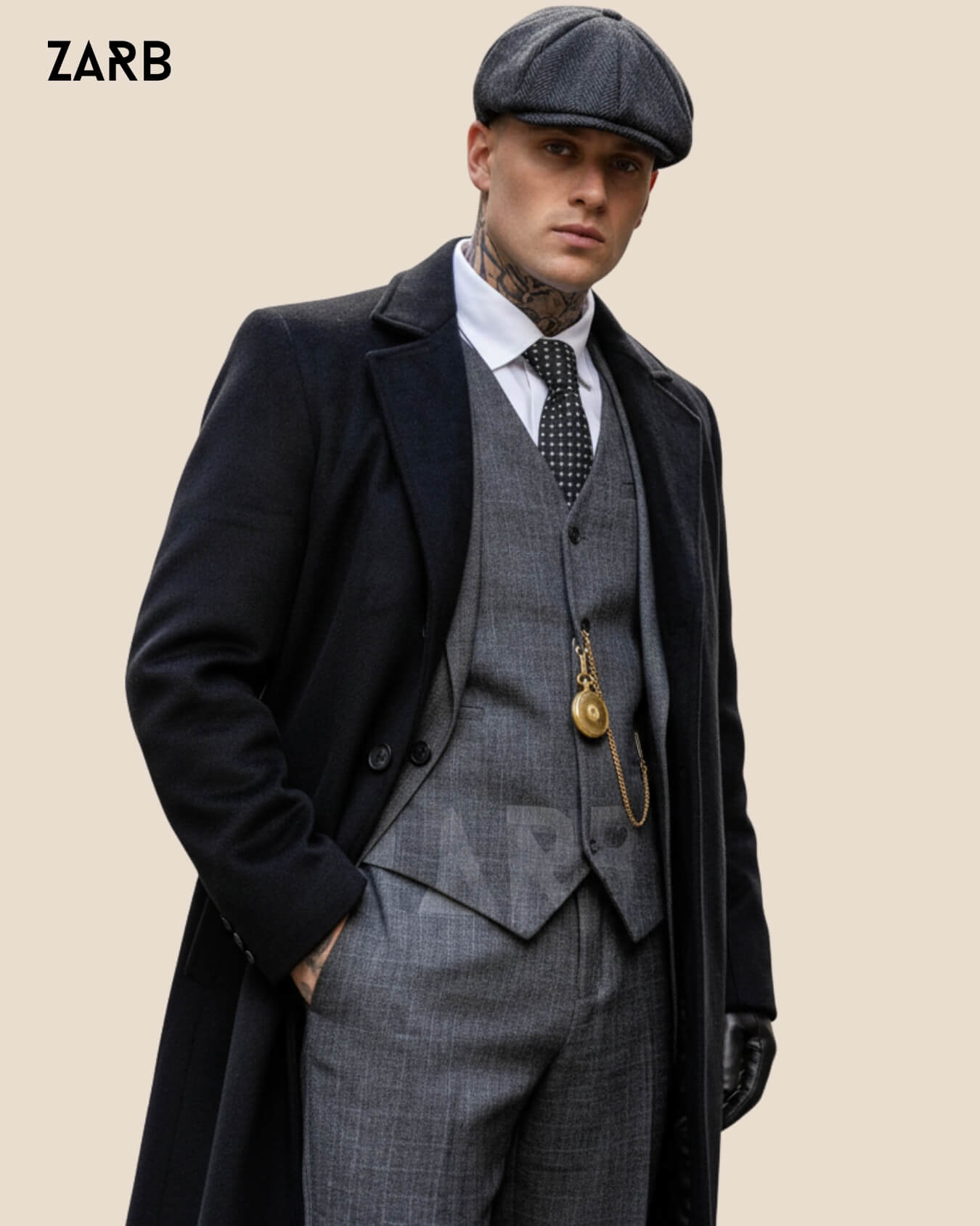 Grey 3-Piece Peaky Blinders Suit with Black Wool Long Coat and Cap – Thomas Shelby Inspired Outfit by ZARB Tailor Made