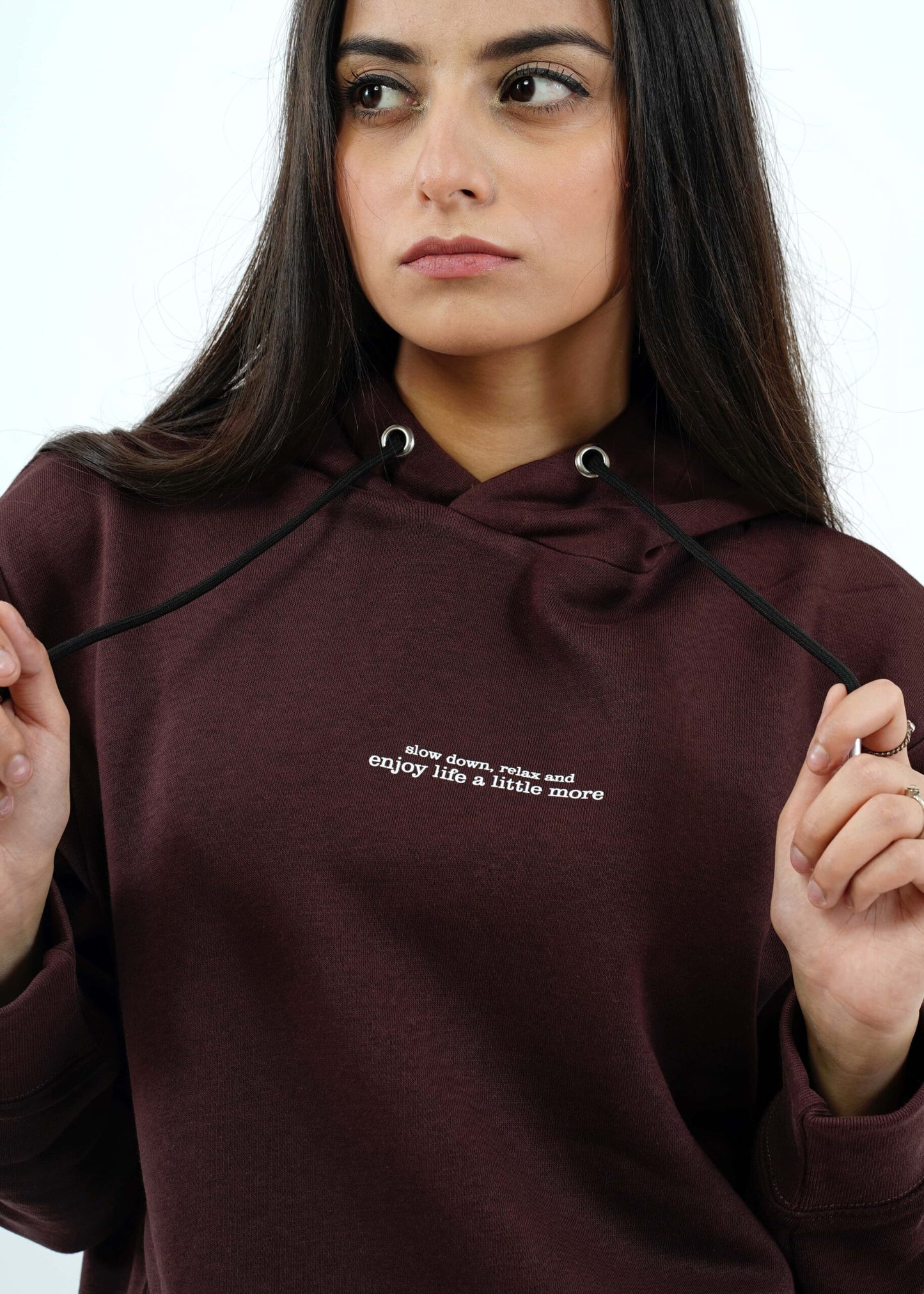 Slow Down Text Brown Hoodie