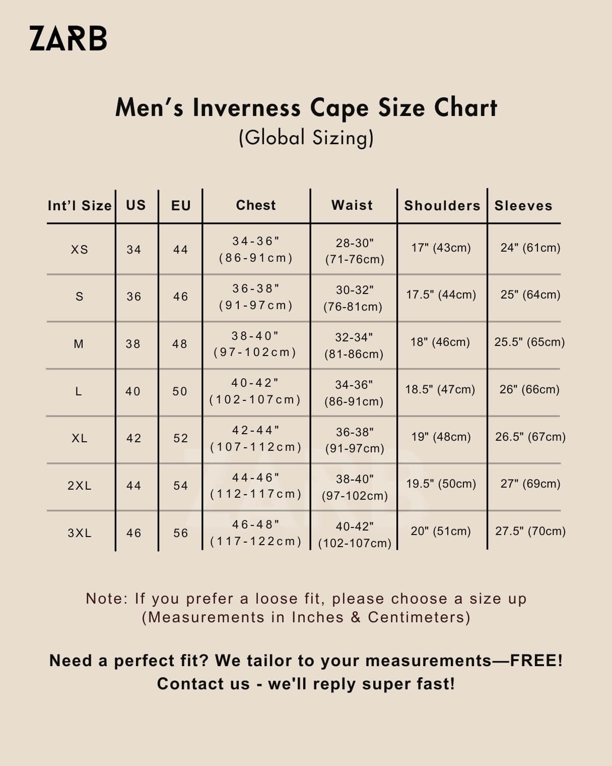 inverness cape coat size chart