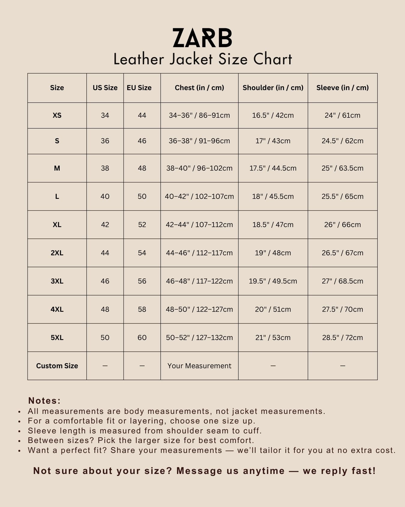 Leather Jacket Size Chart