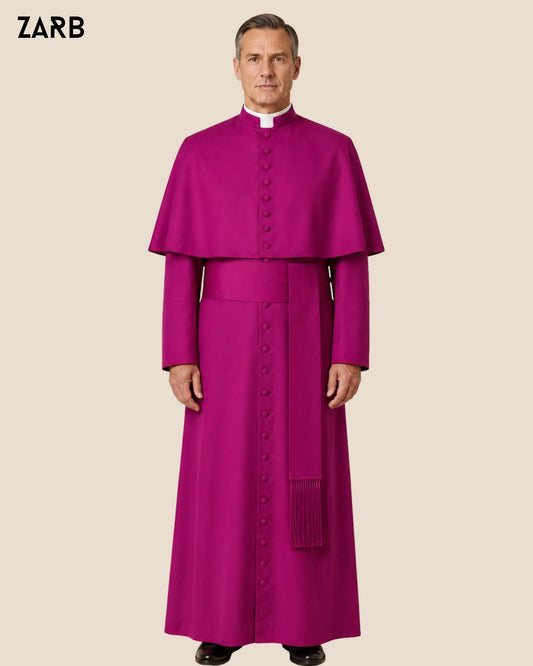 Magenta bishop cassock with matching mozzetta and fascia for church ceremony