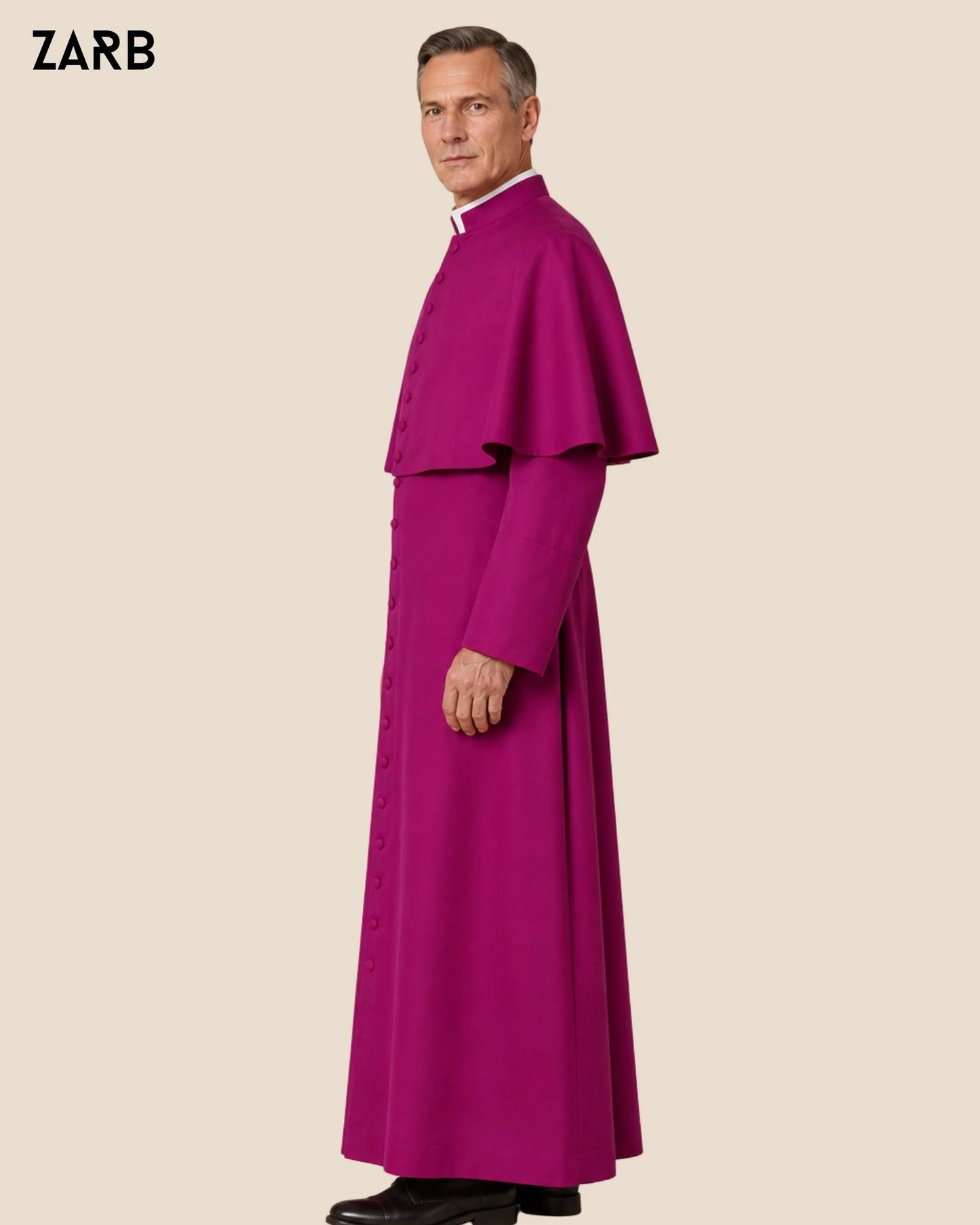 Magenta clergy robe with tonal covered buttons, stand collar and silk lining