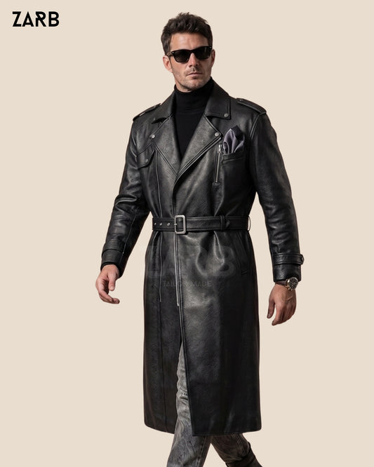 Men's Black Leather Long Coat with Belted Waist and Asymmetric Zip — Custom Tailored Bespoke ZARB Officials
