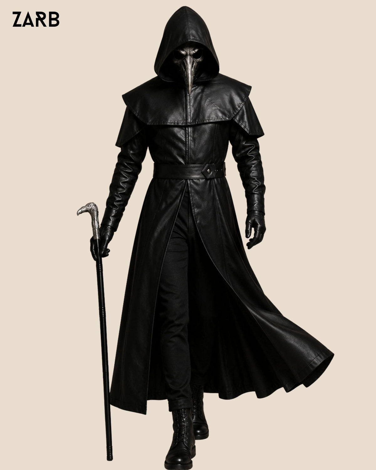 Men's Gothic plague doctor leather long coat in black sheepskin with flowing full length silhouette