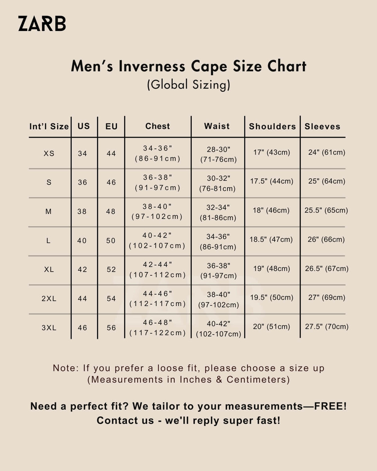 Men’s Inverness Cape Coat Size Chart | Bespoke Tailored ZARB Officials