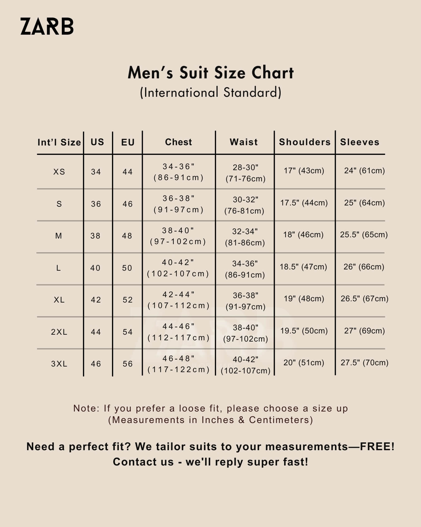 Men's suit size chart by ZARB with international, US, and EU measurements.