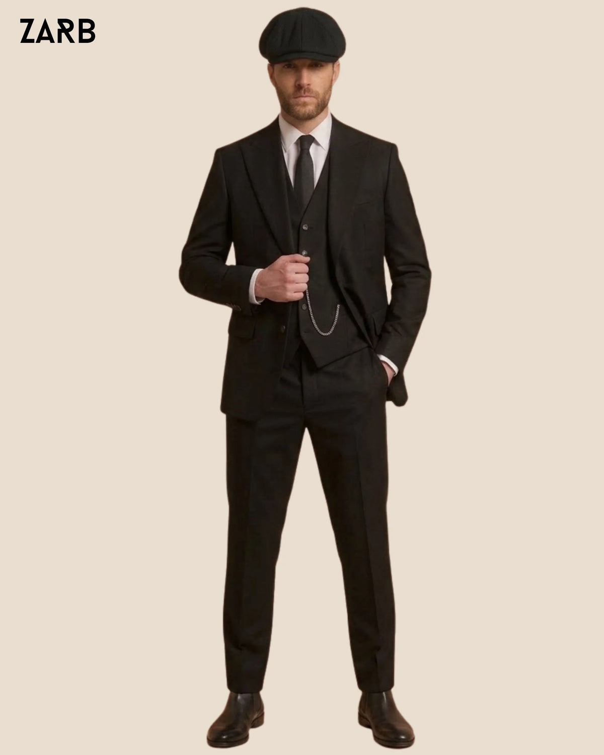 Men's black TR 3 piece suit with matching jacket waistcoat and tailored trousers with black flat cap