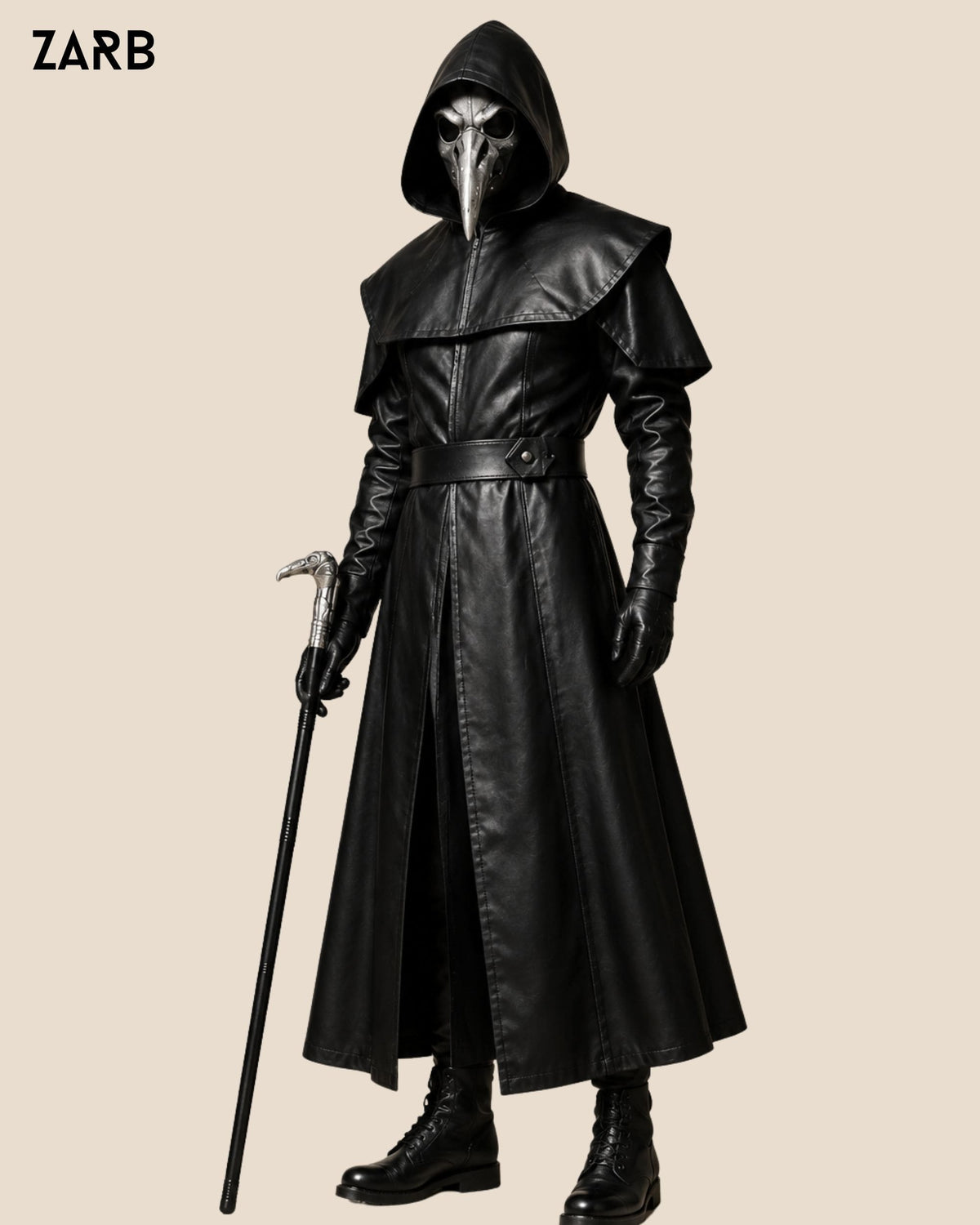 Men's black sheepskin leather plague doctor coat with hood shoulder cape and waist belt