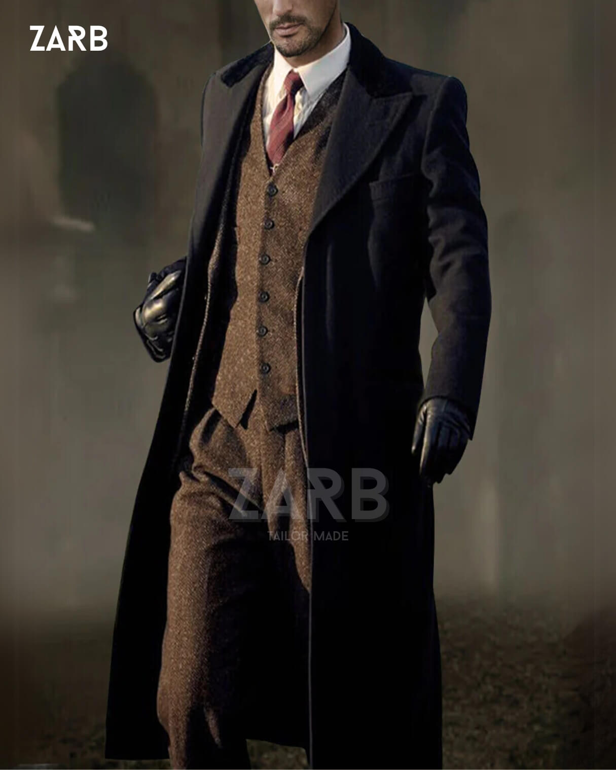 Men's brown tweed 3 piece suit plus matching flat cap and black wool long coat Peaky Blinders inspired vintage British style