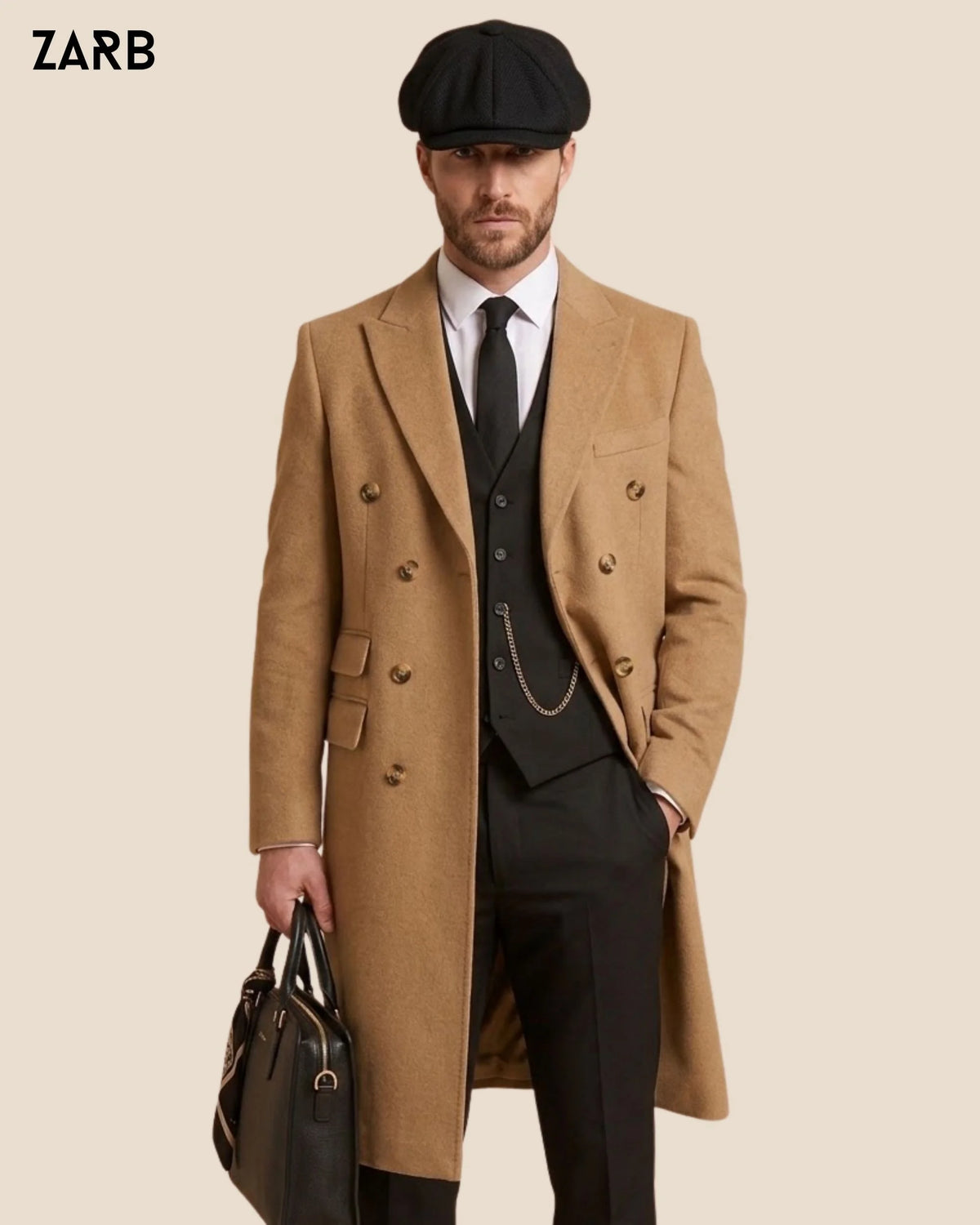 Men's camel wool double breasted overcoat with black 3 piece suit and flat cap