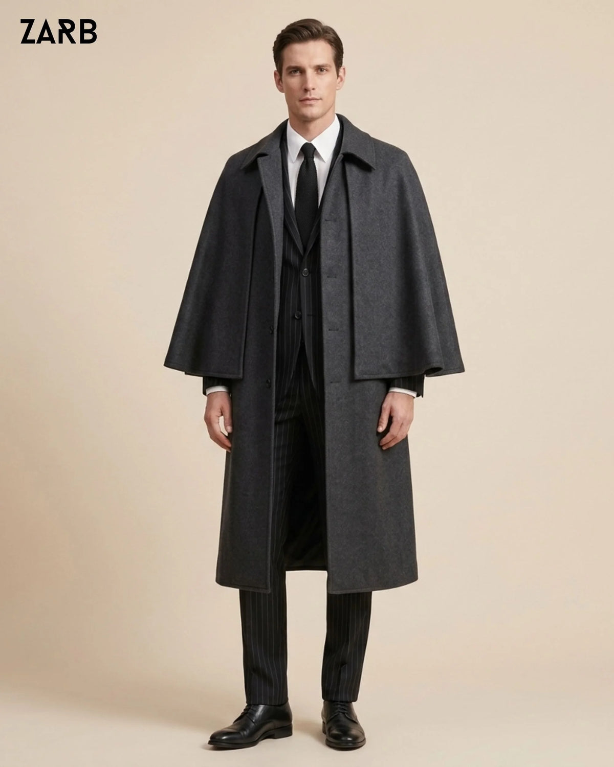 Men's charcoal grey sleeveless Inverness cape coat with long Victorian detective silhouette