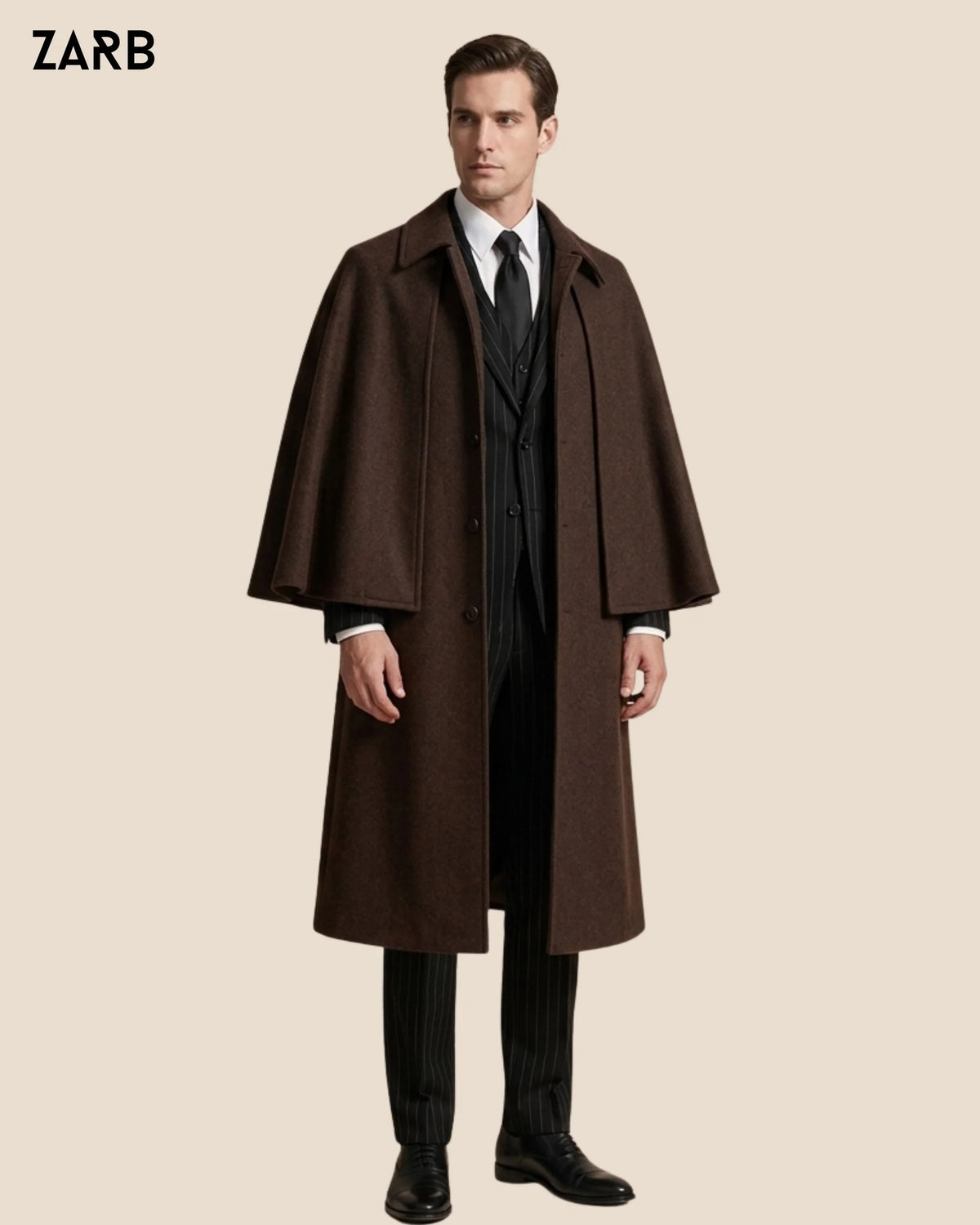 Men's dark brown sleeveless Inverness cape coat with long Victorian coachman silhouette