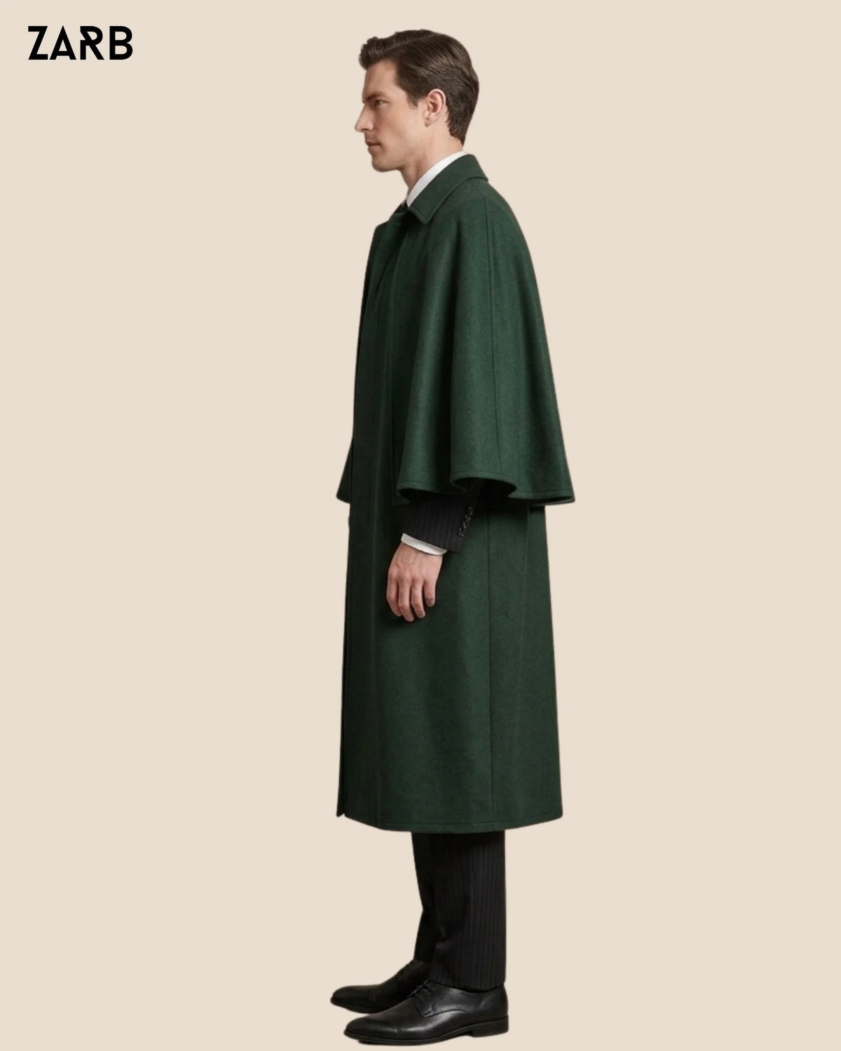 Men’s forest green Victorian cape overcoat with shoulder cape