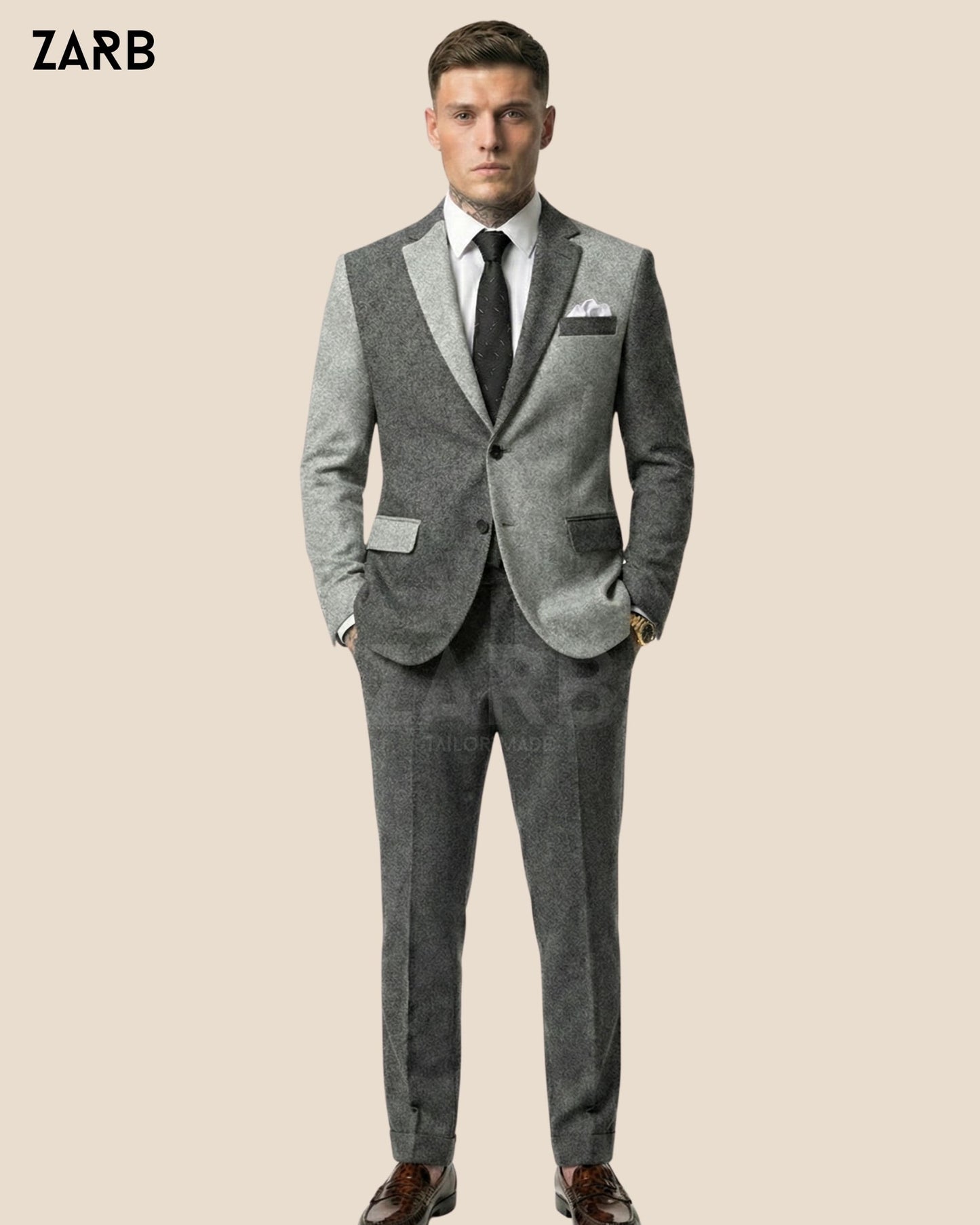 Men's grey tweed slim fit suit with charcoal lapels and contrast pocket trim — vintage British tailoring