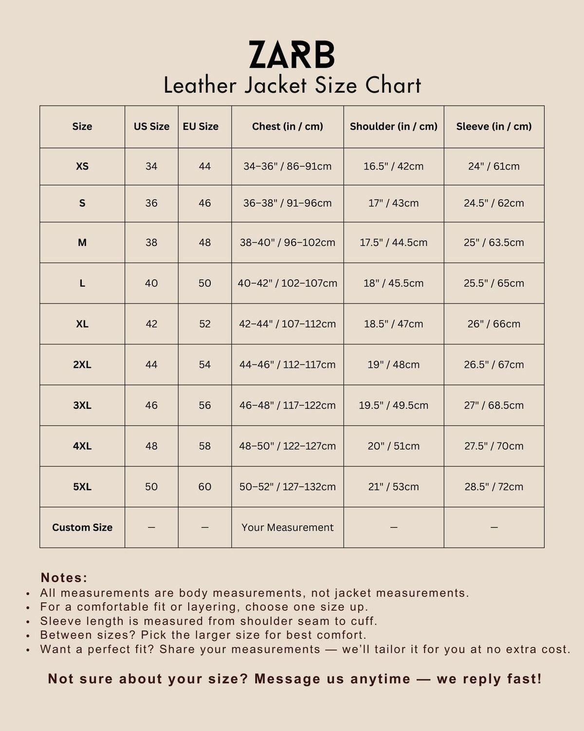 Men's leather jacket size chart