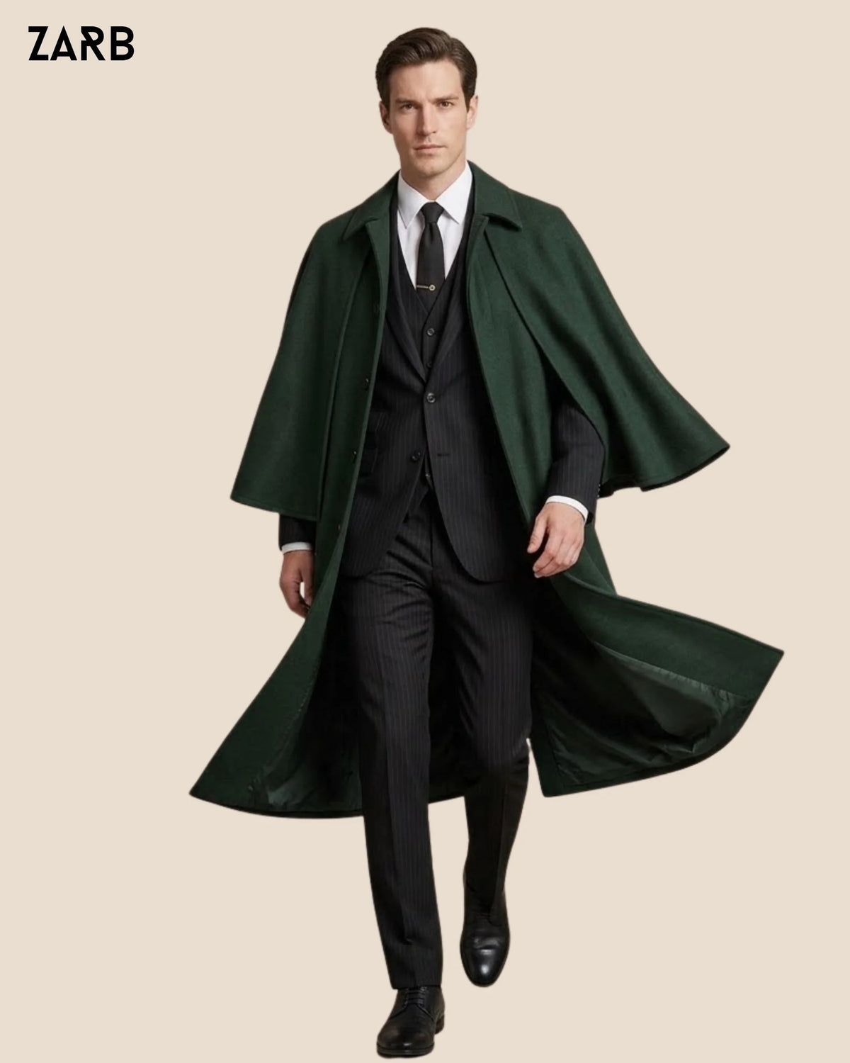 Men’s long dark green coachman overcoat with Inverness cape
