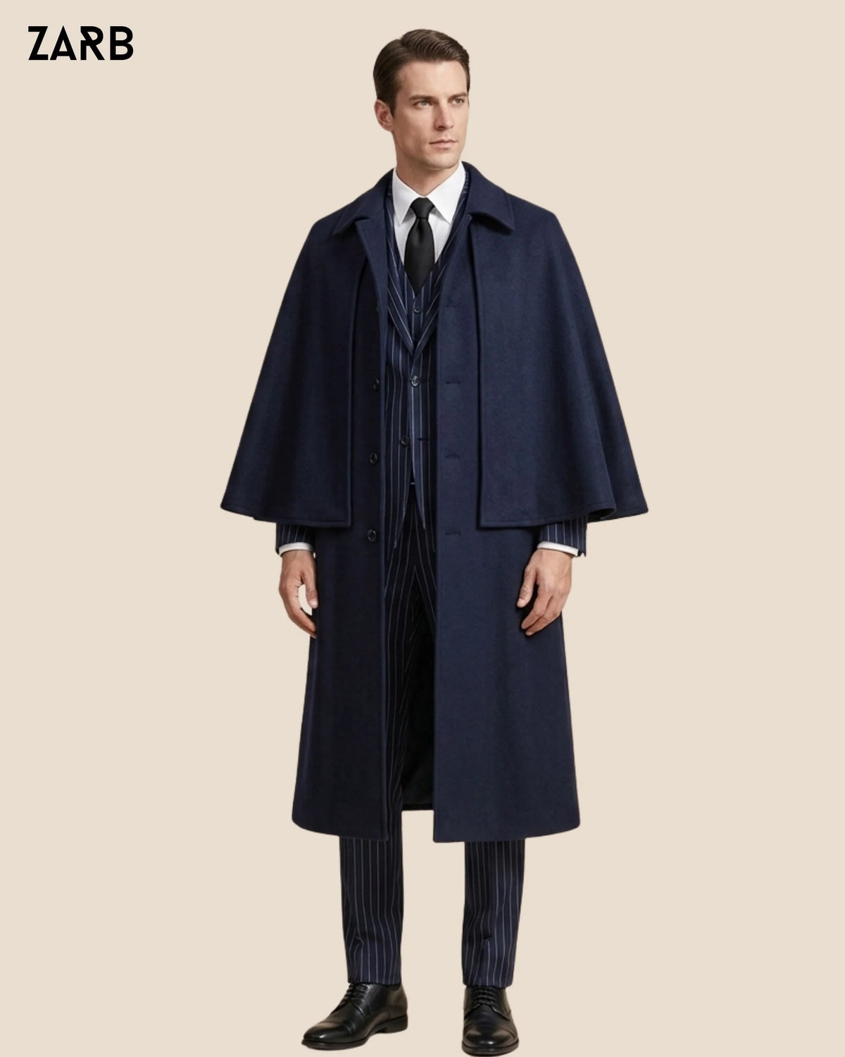 Men’s navy blue sleeveless Inverness cape coat with long Edwardian gentleman silhouette