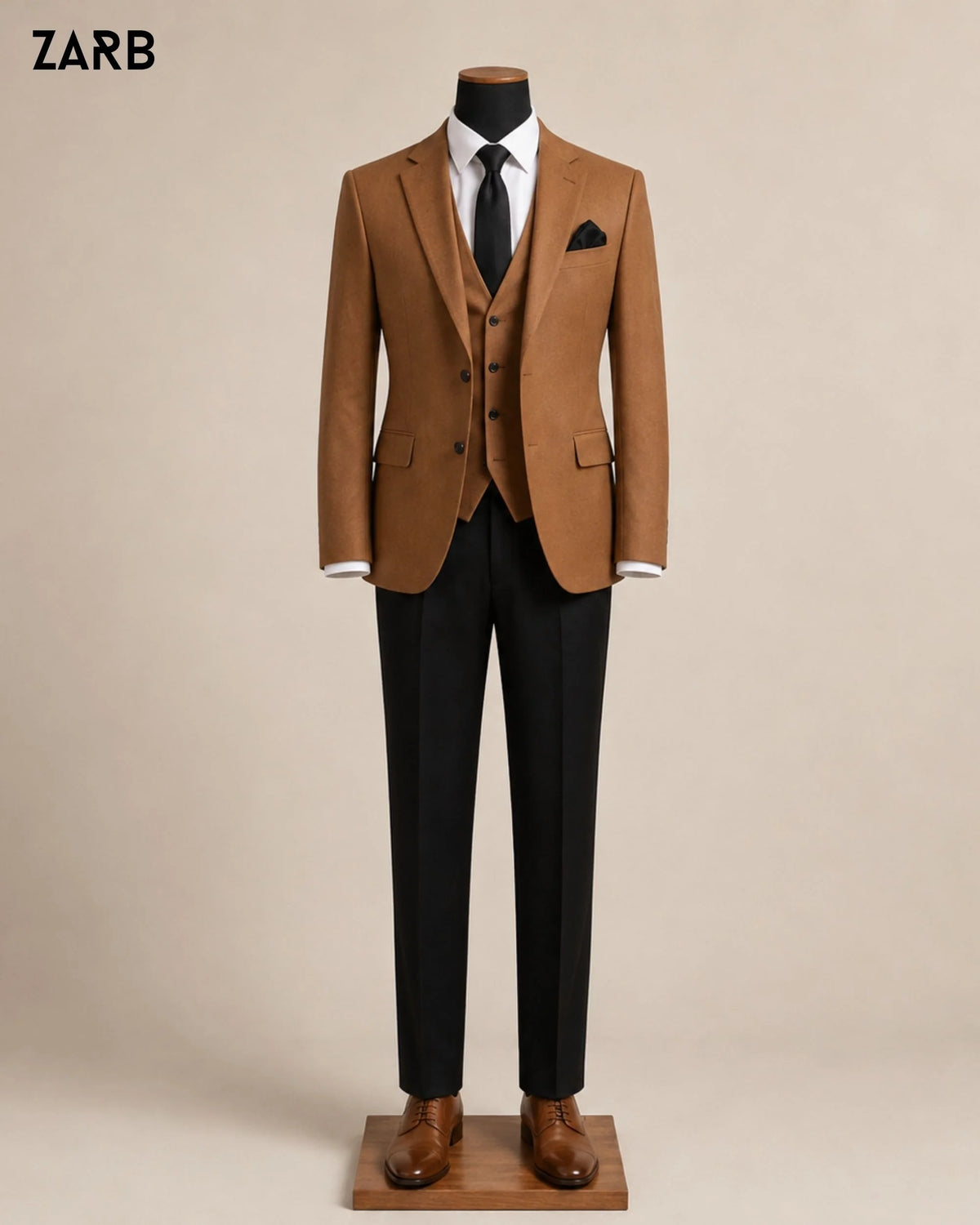Men's rust brown 3 piece wedding suit with matching waistcoat and black trousers on male mannequin