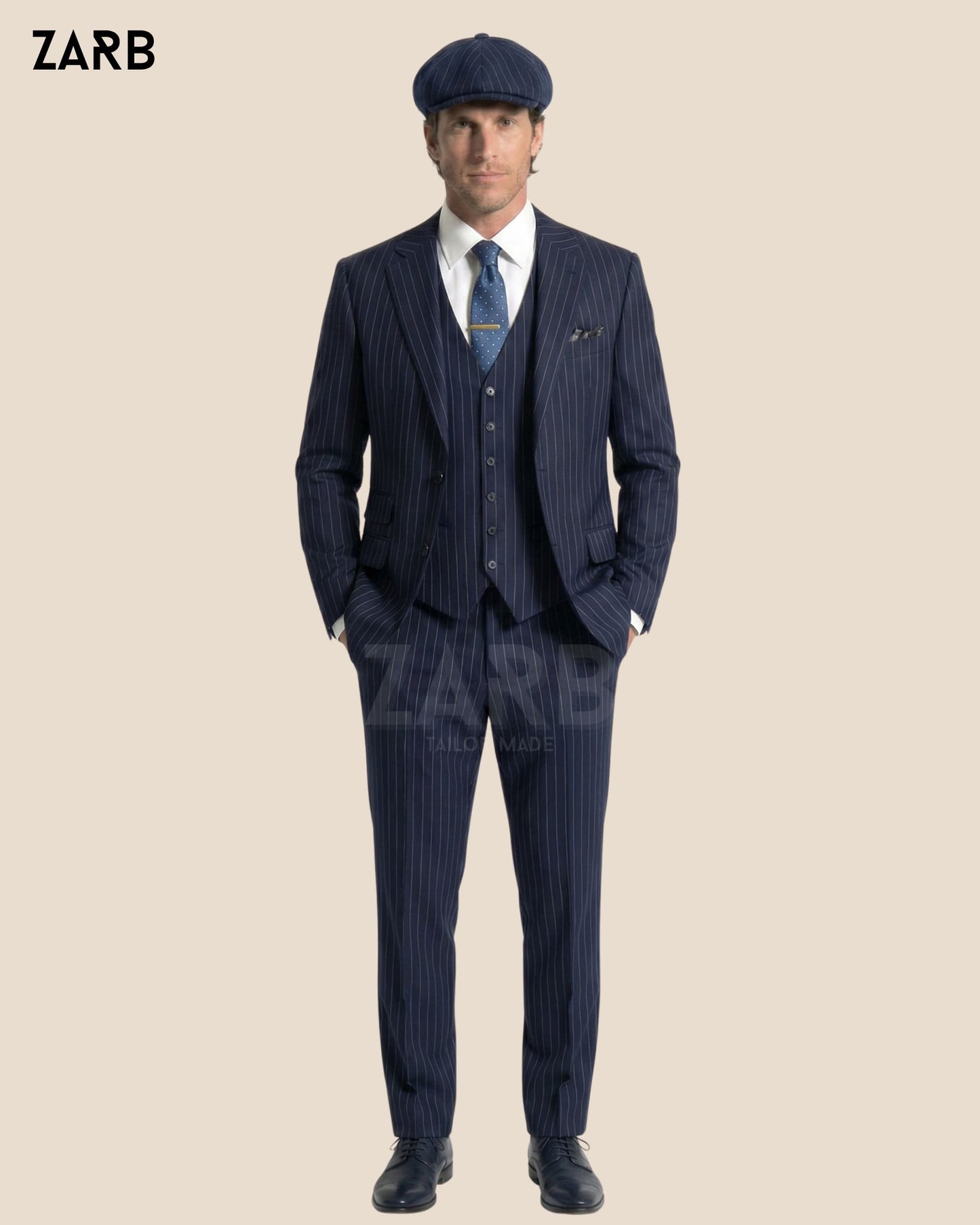 Men's vintage navy pinstripe three piece suit formal gentleman outfit