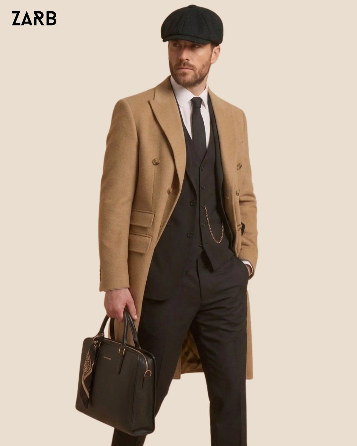 Men wearing camel wool overcoat with black 3 piece suit and flat cap in 1920s wedding style