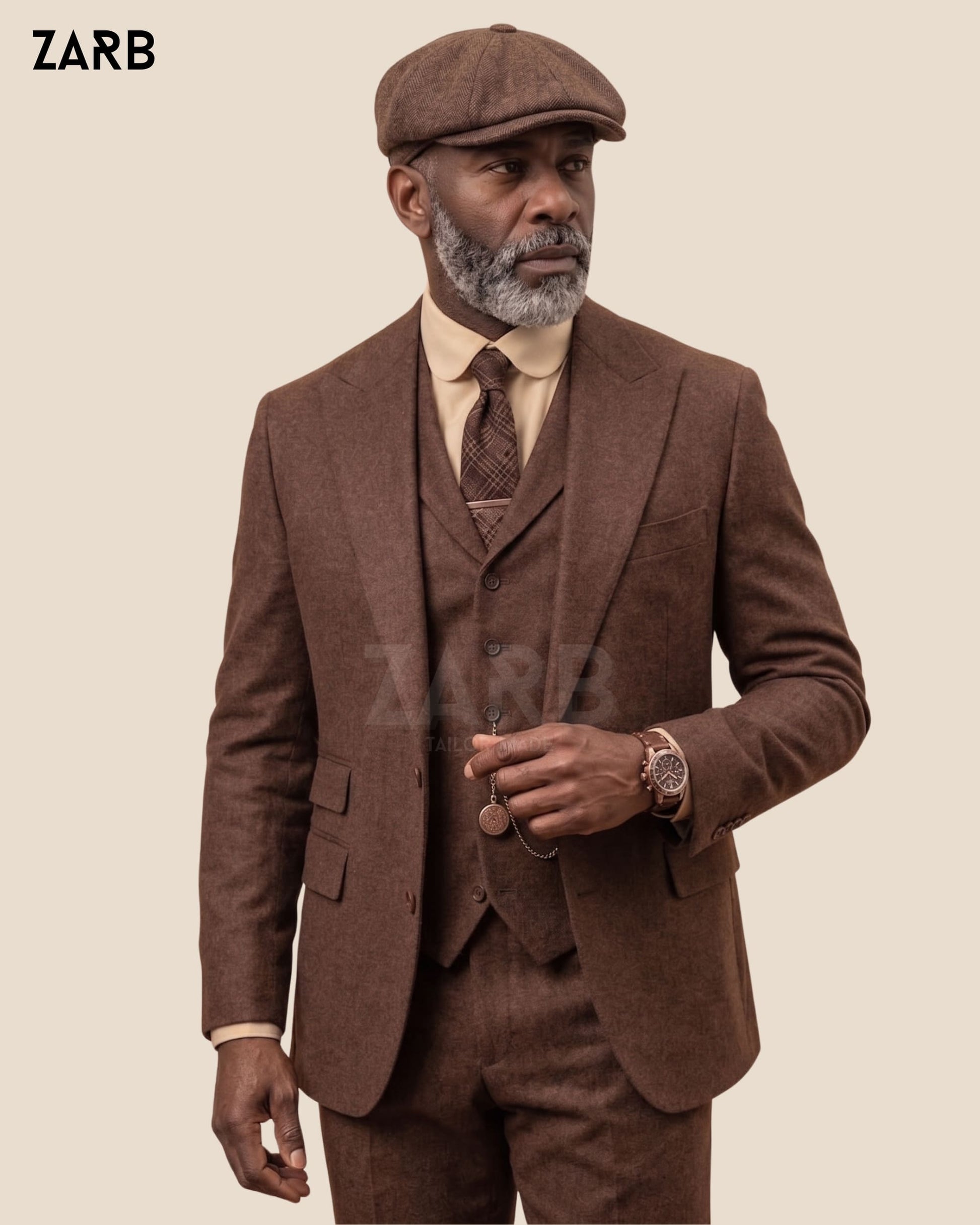 Mens 1920s brown tweed suit with blazer, waistcoat and trousers
