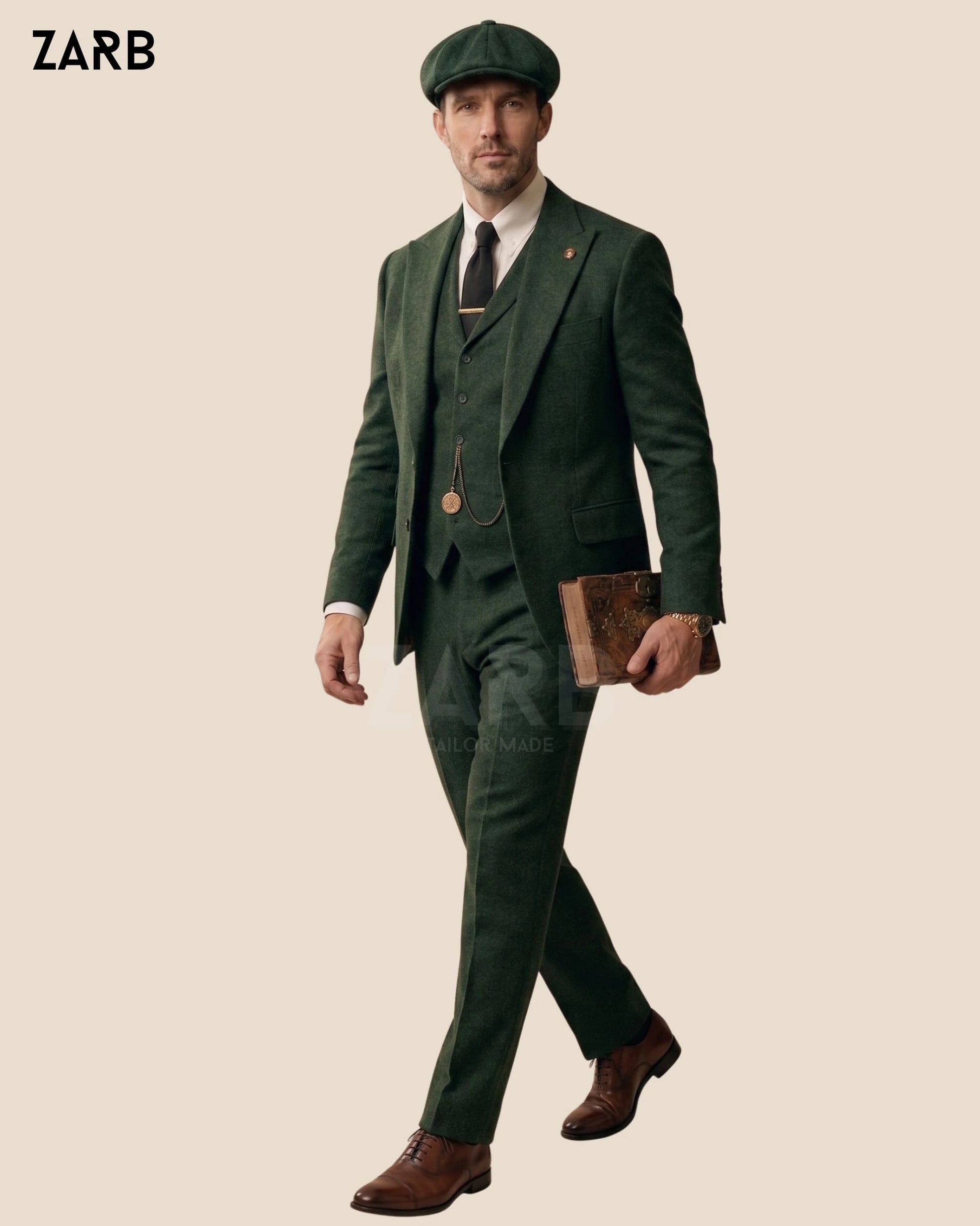 Mens 1920s green tweed suit with blazer, waistcoat and trousers