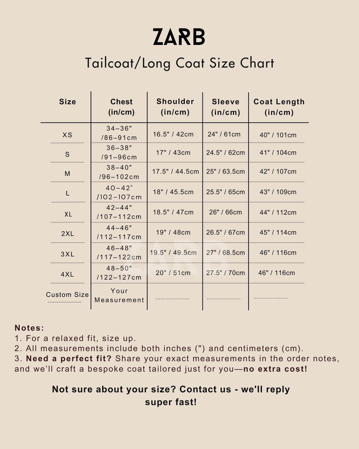 Mens Tailcoat / Long Coat Size Chart